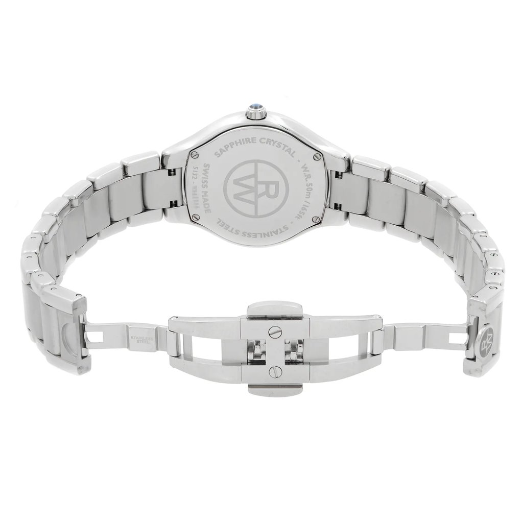 An image of an unworn RAYMOND WEIL women's wristwatch, presented in a casual and dress/formal style. The watch features a stainless steel band and case with a round shape. This back view shows the watch with an open clasp, positioned centrally and shot from a direct angle, filling the frame to show detail. Visible engravings include "SAPPHIRE CRYSTAL" and the RAYMOND WEIL logo on the case back. 