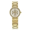 An image of a Wristwatch by Tory Burch. This Pre Owned item is designed for Women, featuring a Dress/Formal style. It has a Quartz movement and an Analog display with a Beige,Gold dial color. The indices include No Hour Marks. The band is made of Stainless Steel and the case is made of Stainless Steel. The watch has a Round shape with a case size of 28 mm and a case thickness of 8 mm.