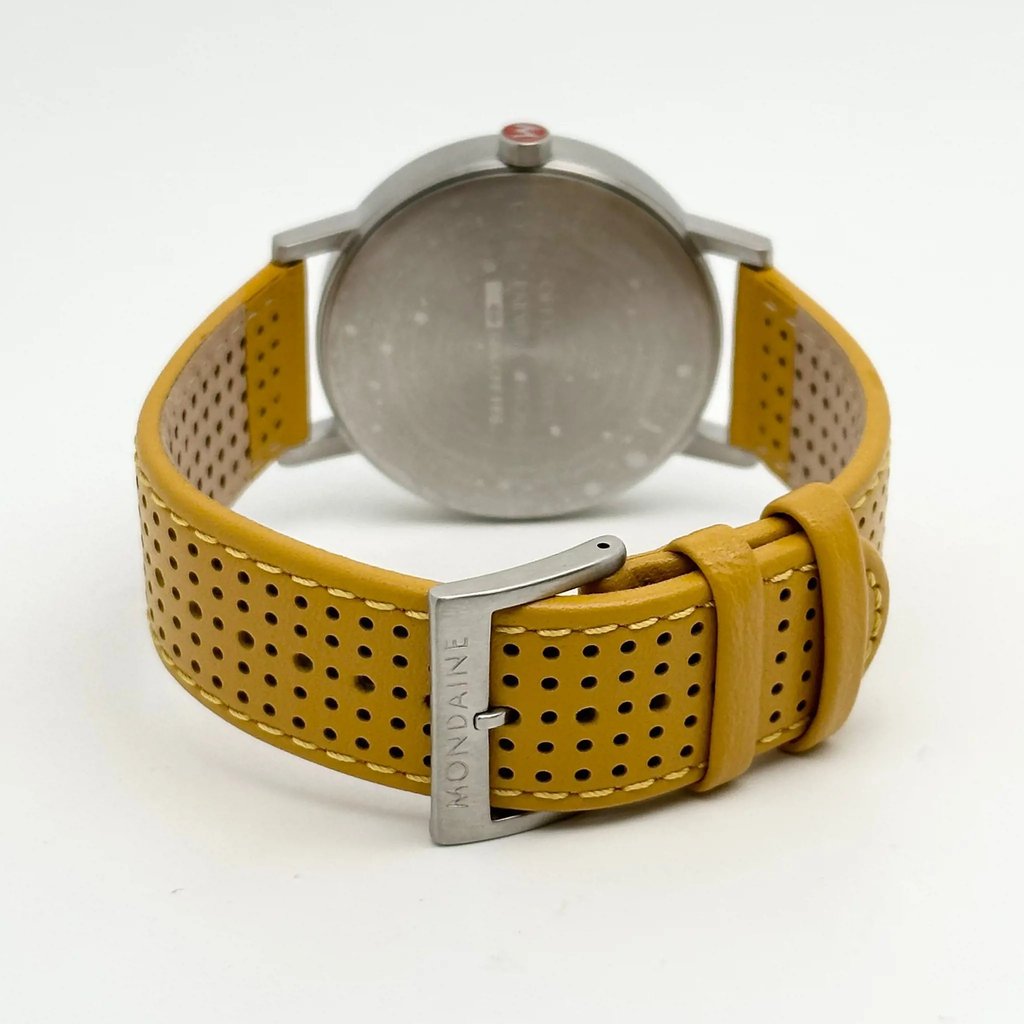 Back View Of Solid Back Case And Closed Leather Band Of Mondaine  A660.30360.16SBE Watch Unworn Condition