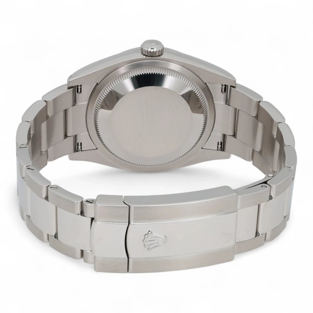 Back View Of Solid Back Case And Closed Stainless Steel Band Of Rolex 126200 Watch Unworn Condition