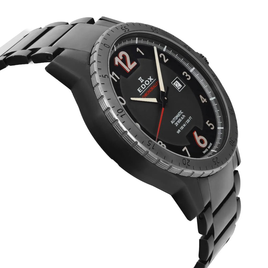 An image of a pre-owned wristwatch captured from a side profile view opposite the crown. The camera angle highlights the watch's sleek, dark metal bracelet and the detailed markings on the bezel. The watch face, featuring bold numerals and a date display, is clearly visible, emphasizing its design and condition. The close-up shot provides an intimate look at the craftsmanship and style of the timepiece.