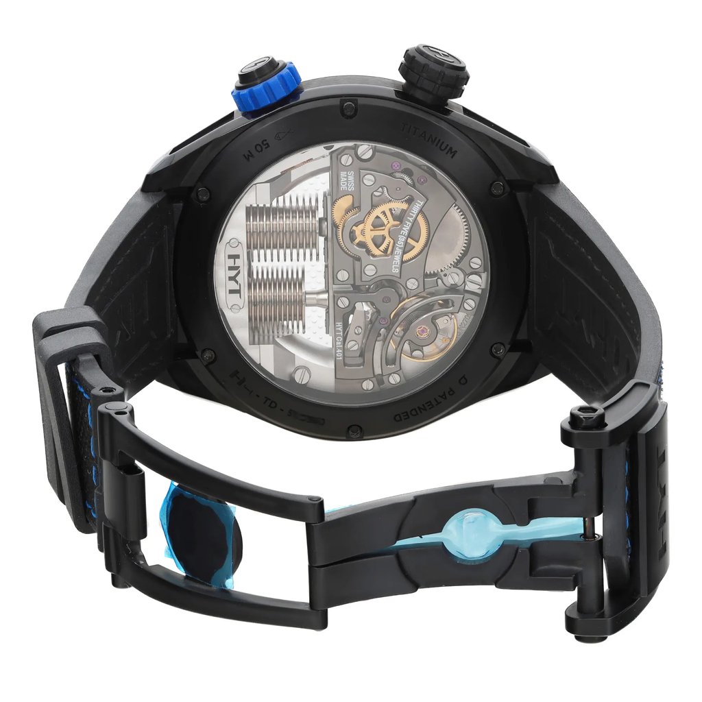 Back View Of Exhibition Back Case And Open Rubber,Nylon Band Of HYT H01704 Watch Unworn Condition