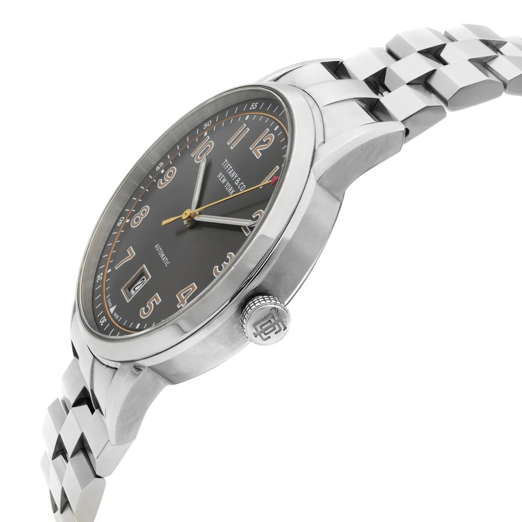 View Of Crown Facing Side Of Tiffany & Co. CT60 Stainless Steel Watch Pre Owned Condition