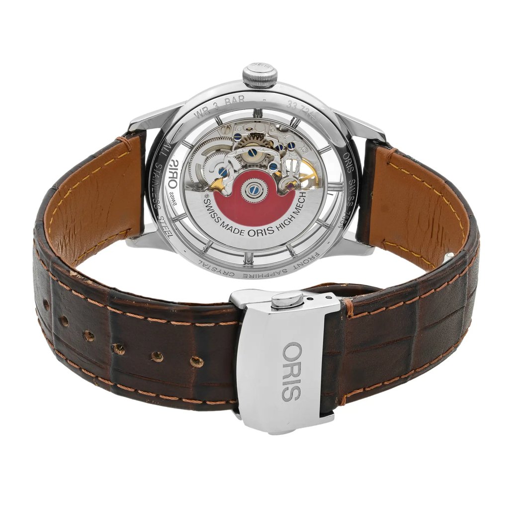 Back View Of {Caseback} Back Case And Closed Leather Band Of Oris 01 734 7684 4051-07 1 21 73FC Watch Display Model Condition