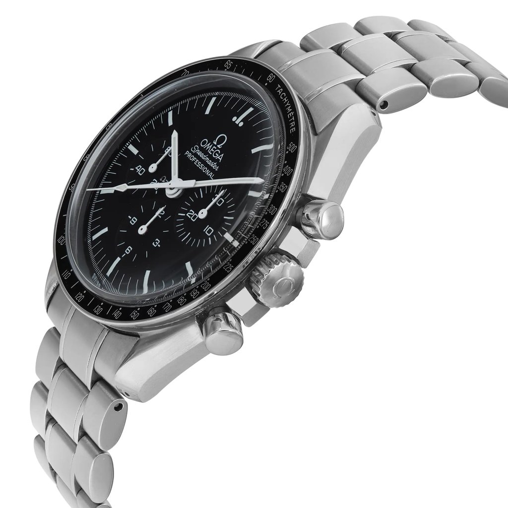 An image of a pre-owned wristwatch taken from a side profile view, showcasing the crown prominently. The watch features a metallic bracelet and a dark dial with multiple subdials. The photograph captures the timepiece at a slight angle, highlighting its sleek design and craftsmanship.
