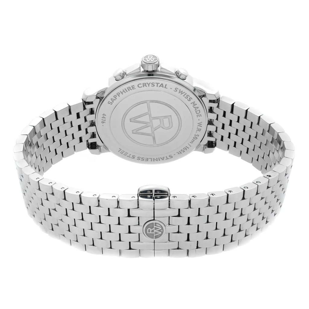 Back View Of Solid Back Case And Closed Stainless Steel Band Of RAYMOND WEIL 4476-ST-00200 Watch Display Model Condition