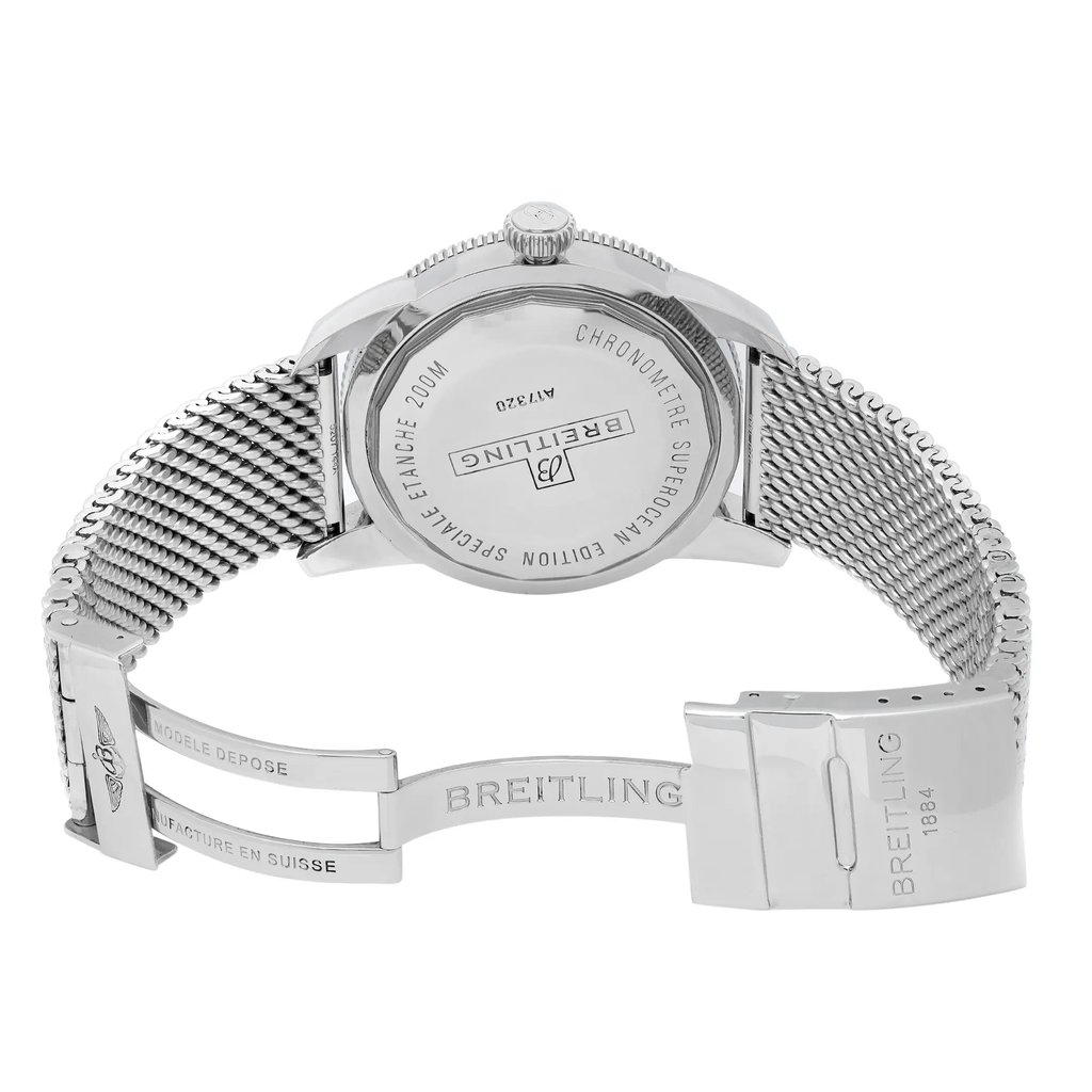 Back View Of Solid Back Case And Open Stainless Steel Band Of Breitling A1732016-C734SS Watch Pre Owned Condition