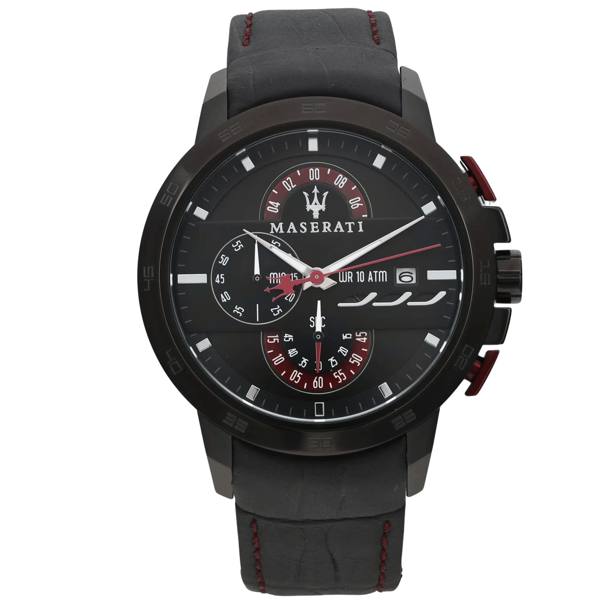 An image of a Wristwatch by Maserati. This Display Model item is designed for Men, featuring a Dress/Formal style. It has a Quartz movement and an Analog display with a Black dial color. The indices include 12-Hour Dial,Baton Indexes. The band is made of Leather and the case is made of Stainless Steel. The watch has a Round shape with a case size of 45 mm and a case thickness of 13 mm.
