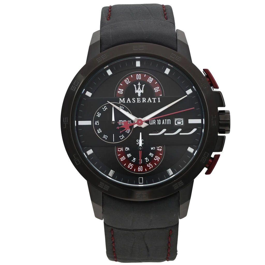 An image of a Wristwatch by Maserati. This Display Model item is designed for Men, featuring a Dress/Formal style. It has a Quartz movement and an Analog display with a Black dial color. The indices include 12-Hour Dial,Baton Indexes. The band is made of Leather and the case is made of Stainless Steel. The watch has a Round shape with a case size of 45 mm and a case thickness of 13 mm.