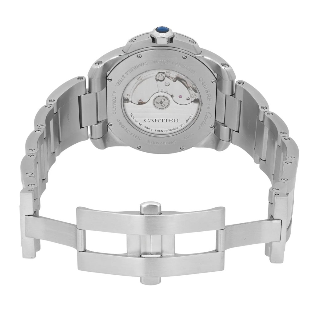 An image of a pre-owned men's Cartier wristwatch viewed from the back, showcasing the open clasp and stainless steel bracelet. The watch is positioned centrally, captured at a slight downward angle to highlight the automatic movement visible through the transparent case back. The distance is close enough to clearly see the brand name and intricate details.