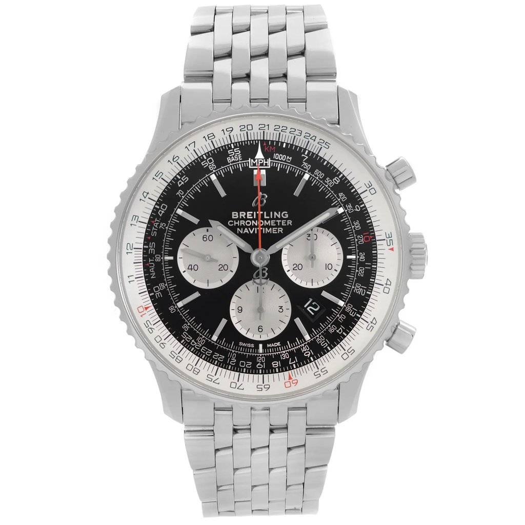 An image of a Breitling men's wristwatch, model Navitimer, shown in a full frontal view. The watch is a display model with a luxury sport style, featuring a black dial with 3 sub-dials, a steel bezel, and a stainless steel band and case. It has a round shape with stick indices and is positioned head-on at a close distance, making all details clearly visible. The watch is a display model and may show minor signs of blemishes due to store handling.