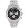 An image of a Breitling men's wristwatch, model Navitimer, shown in a full frontal view. The watch is a display model with a luxury sport style, featuring a black dial with 3 sub-dials, a steel bezel, and a stainless steel band and case. It has a round shape with stick indices and is positioned head-on at a close distance, making all details clearly visible. The watch is a display model and may show minor signs of blemishes due to store handling.
