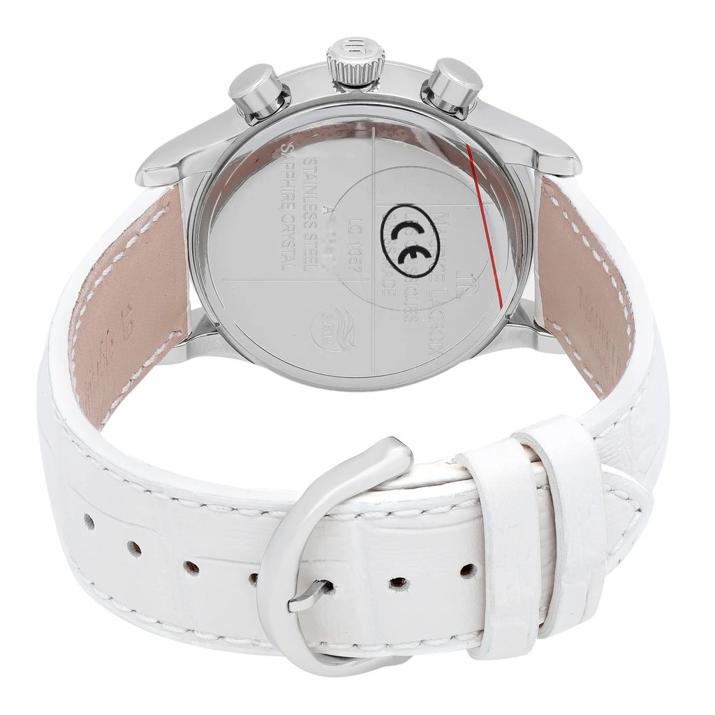 Back View Of Screwback Back Case And Closed Leather Band Of Maurice Lacroix LC1087-SS001-821 Watch Unworn Condition