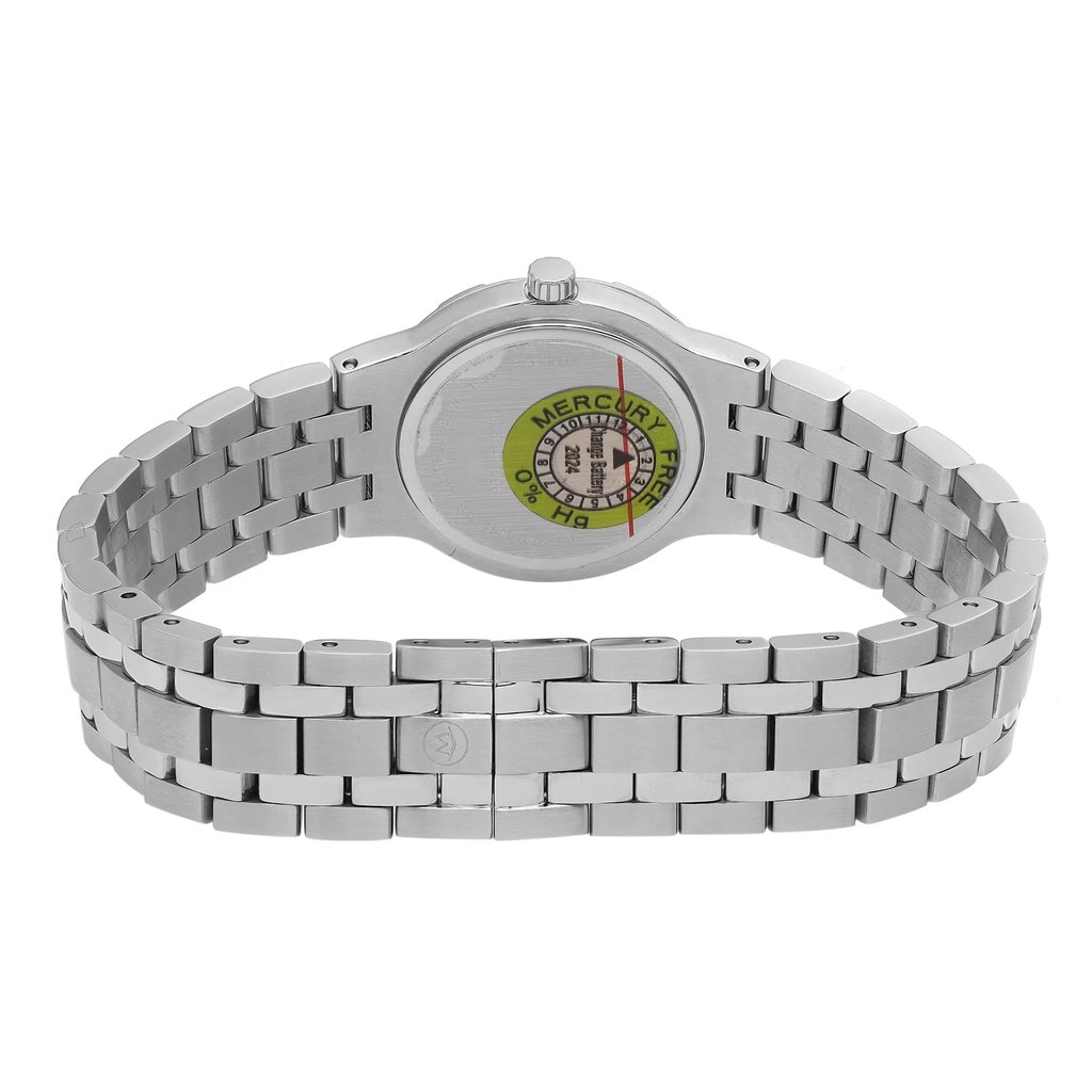 An image of a wristwatch taken from the back view, showcasing the closed clasp. The watch is unworn, and its metallic bracelet is prominently displayed, with the clasp centered in the frame. The image is captured from a close distance, highlighting the intricate details of the links and the case back.