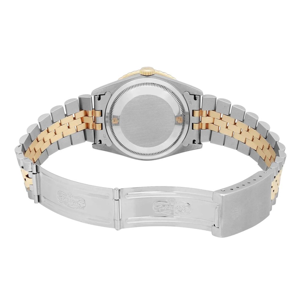 Back View Of Solid Back Case And Open Stainless Steel,Gold Band Of Rolex 16263 Watch Pre Owned Condition