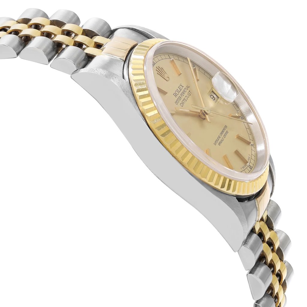 An image of a pre-owned men's luxury Rolex wristwatch, captured from a side profile view opposite the crown. The watch features a round shape with a champagne sunburst dial and a gold bezel. It is made from stainless steel and solid gold, with a date indicator visible. The band is a combination of stainless steel and gold links, giving it a sophisticated appearance. The angle highlights the watch's details, and the distance allows for a clear, focused view of its craftsmanship.