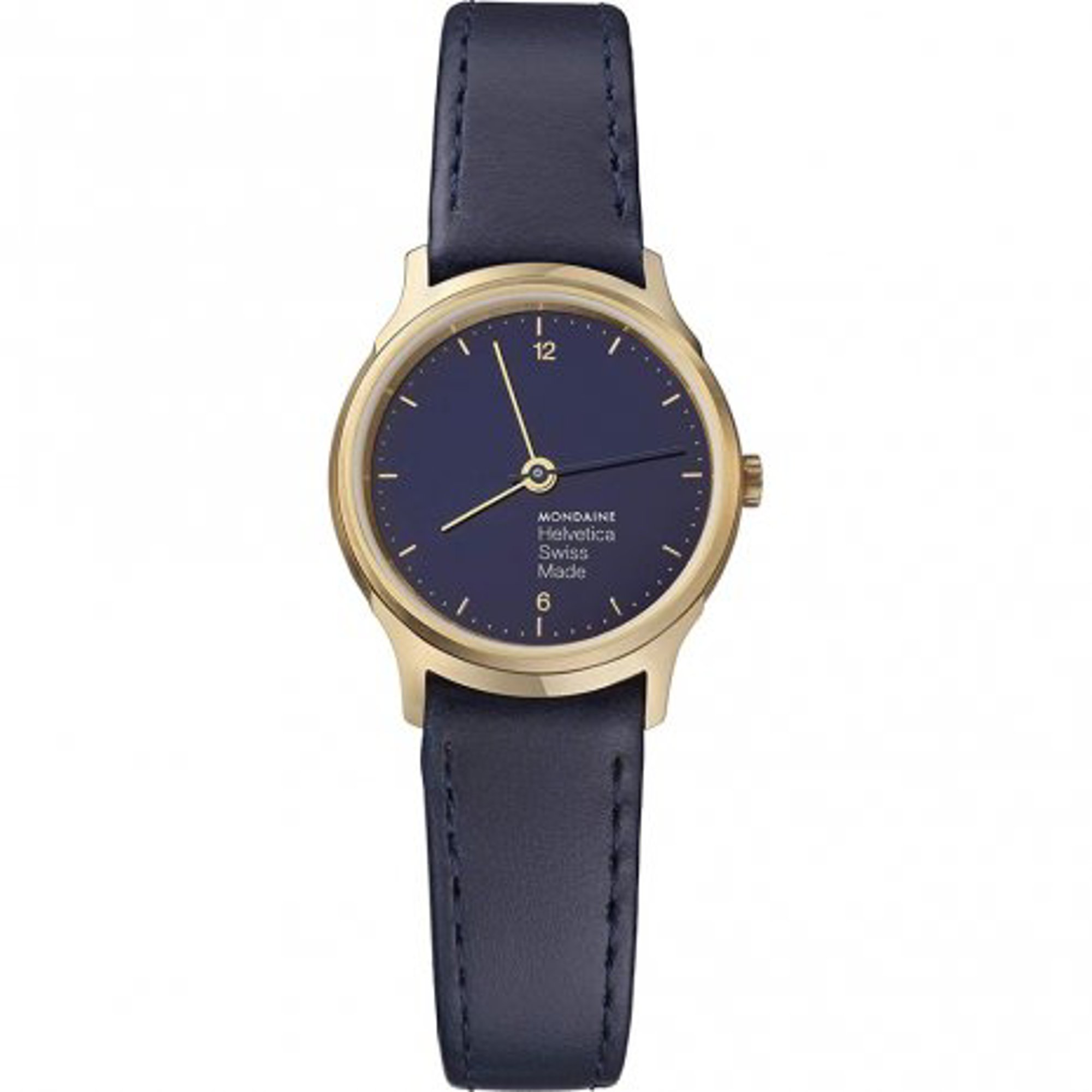 An image of a Wristwatch by Mondaine. This Display Model item is designed for Women, featuring a Casual,Classic,Dress/Formal style. It has a Quartz movement and an Analog display with a Blue dial color. The indices include 12-Hour Dial,Arabic Numerals,Stick Indexes. The band is made of Leather and the case is made of Stainless Steel. The watch has a Round shape with a case size of 26 mm and a case thickness of 6 mm.