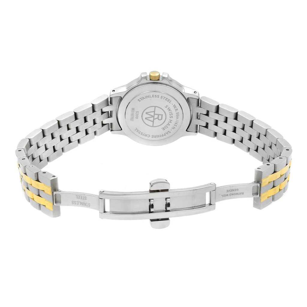 Back View Of Solid Back Case And Open Stainless Steel Band Of RAYMOND WEIL 5399-SPS-00995 Watch Pre Owned Condition