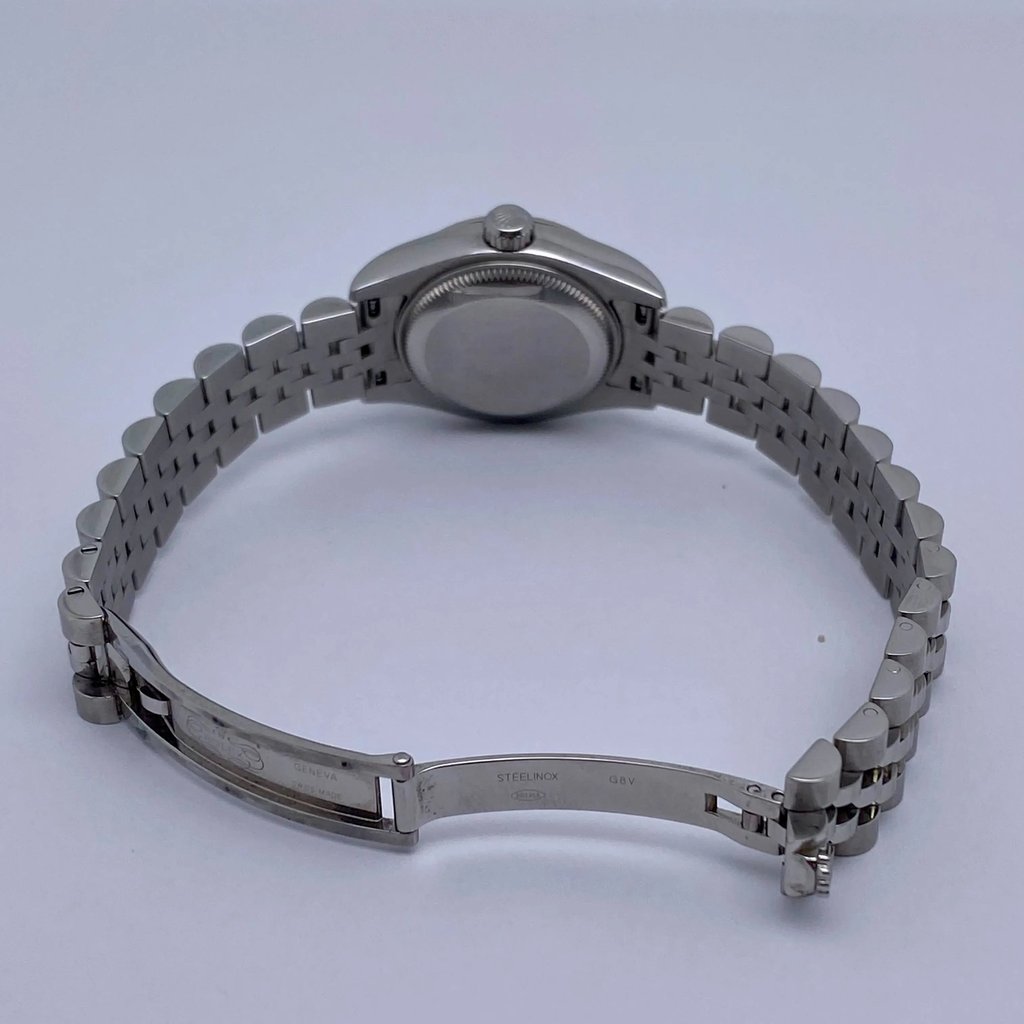 Back View Of Screwback Back Case And Open Stainless Steel Band Of Rolex 179174 Watch Pre Owned Condition