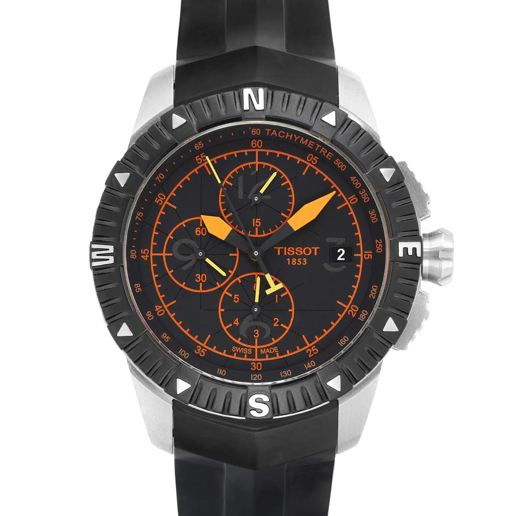 An image of a Wristwatch by Tissot. This Display Model item is designed for Men, featuring a Sport style. It has a Mechanical (Automatic) movement and an Analog display with a Black dial color. The indices include 12-Hour Dial,Multi Dial,Non-Numeric Hour Marks. The band is made of Rubber and the case is made of Stainless Steel. The watch has a Round shape with a case size of 44 mm and a case thickness of 16.5 mm.