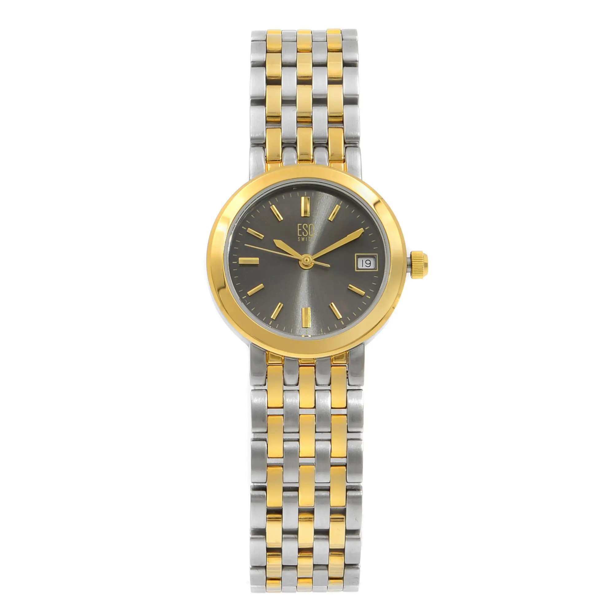 An image of a Wristwatch by ESQ. This Pre Owned item is designed for Women, featuring a Dress/Formal style. It has a Quartz movement and an Analog display with a Gray dial color. The indices include 12-Hour Dial,Non-Numeric Hour Marks,Stick Indexes. The band is made of Stainless Steel and the case is made of Stainless Steel. The watch has a Round shape with a case size of 25 mm and a case thickness of 7 mm.