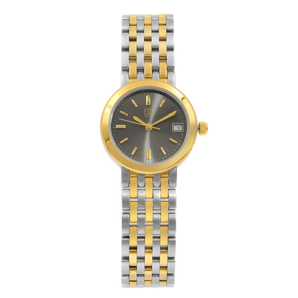 An image of a Wristwatch by ESQ. This Pre Owned item is designed for Women, featuring a Dress/Formal style. It has a Quartz movement and an Analog display with a Gray dial color. The indices include 12-Hour Dial,Non-Numeric Hour Marks,Stick Indexes. The band is made of Stainless Steel and the case is made of Stainless Steel. The watch has a Round shape with a case size of 25 mm and a case thickness of 7 mm.