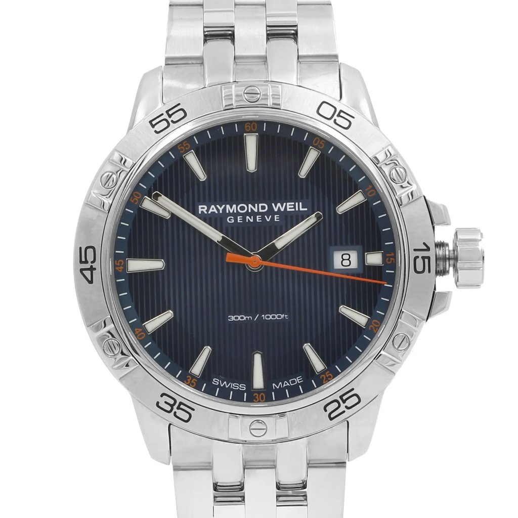 Up Close Front Facing Picture Of RAYMOND WEIL 8160-ST2-50001 Stainless Steel Watch Pre Owned Condition