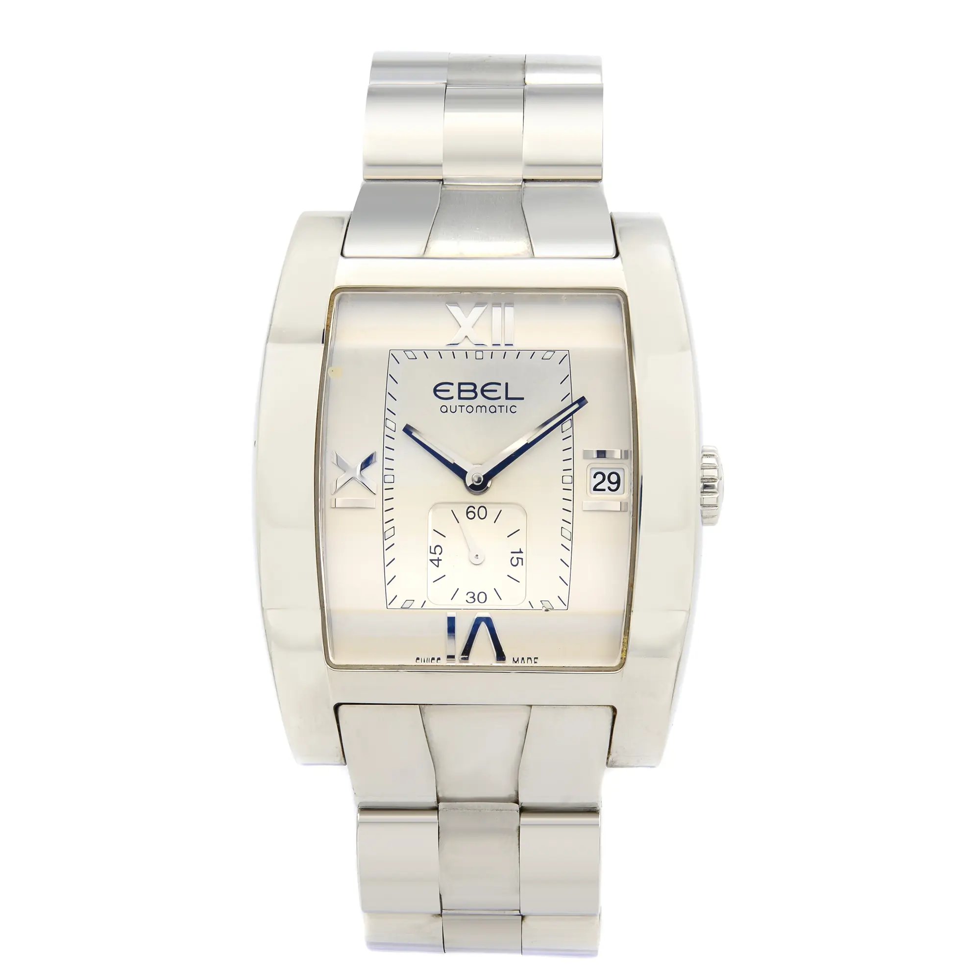 An image of a Wristwatch by EBEL. This Pre Owned item is designed for Men, featuring a Dress/Formal style. It has a Mechanical (Automatic) movement and an Analog display with a Silver dial color. The indices include 12-Hour Dial,Roman Numerals. The band is made of Stainless Steel and the case is made of Stainless Steel. The watch has a Tonneau/Barrel shape with a case size of 36 mm and a case thickness of 10.5 mm.