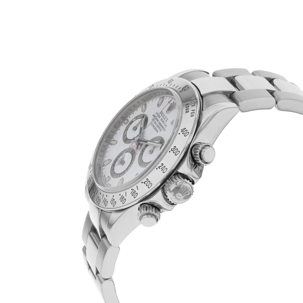 An image of a pre-owned Rolex men's wristwatch in a side profile view, highlighting the crown on the right side. The watch features a round stainless steel case and band, a gray bezel with tiny nicks indicative of minor wear, and a white dial with chronograph functions, luminous hands, and a small seconds subdial. The luxury timepiece is captured up close, showing fine details and slight scratches, reflecting its luxury style and previously owned condition.