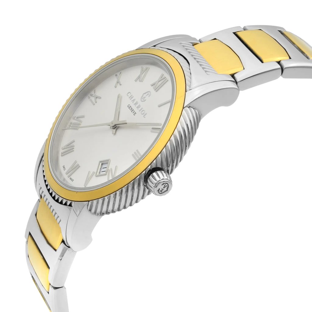 An image of a wristwatch captured from a side profile view, highlighting the crown prominently. The watch features a sleek design with a silver and gold-tone bracelet. The unworn timepiece has a round face with Roman numerals and an elegant bezel, showcasing its pristine condition. The angle provides a clear view of its textured crown and polished surface, emphasizing the watch's sophisticated craftsmanship.