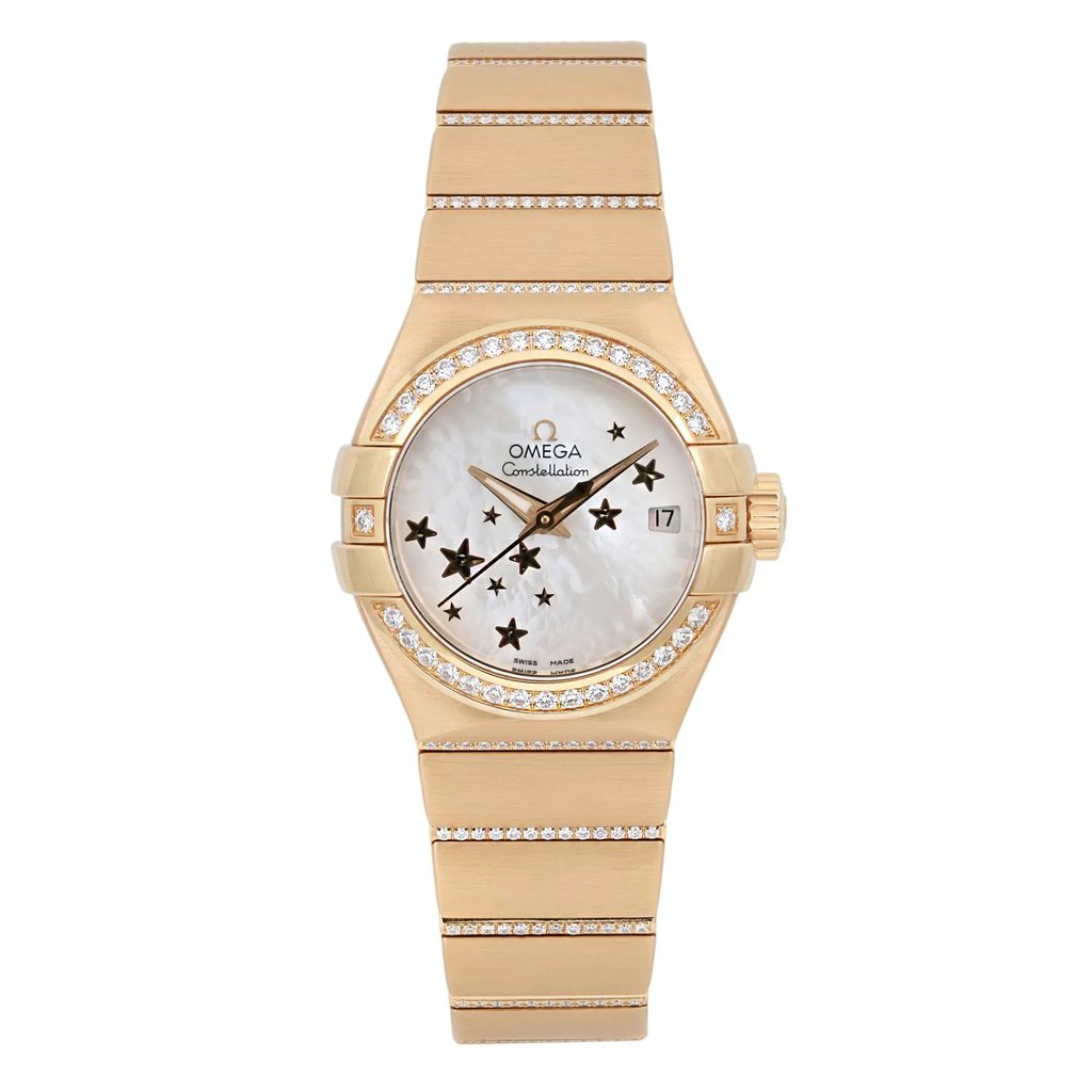 Front Full View Of OMEGA 123.55.27.20.05.002 Yellow Gold Watch Display Model Condition Excellent