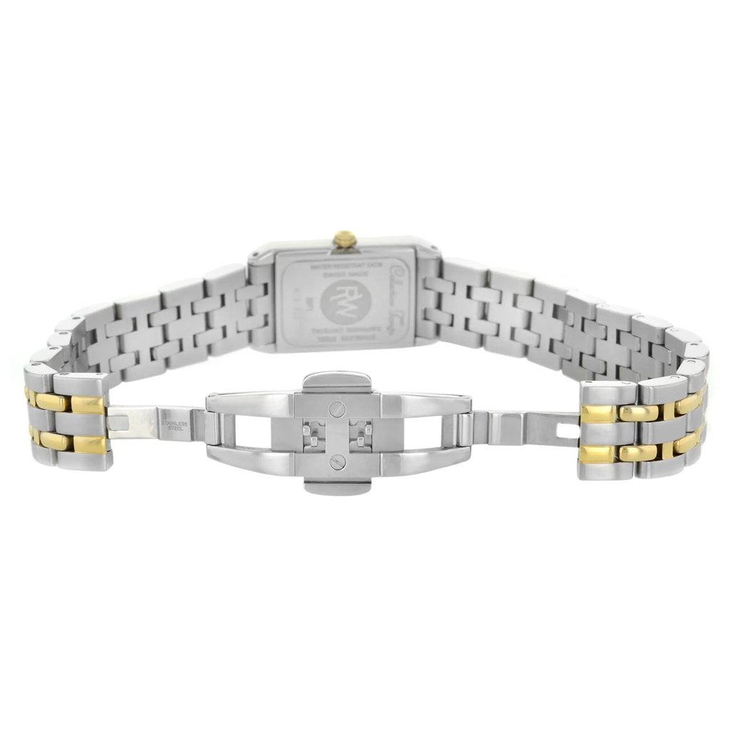 An image of a Raymond Weil women's wristwatch shown from the back view with the clasp open. The watch features a rectangular stainless steel case and a stainless steel band with gold accents. The fold-over clasp is prominently displayed, and the snap caseback is visible. The watch is positioned at eye level, taken from a close distance to showcase the details of the clasp and band.