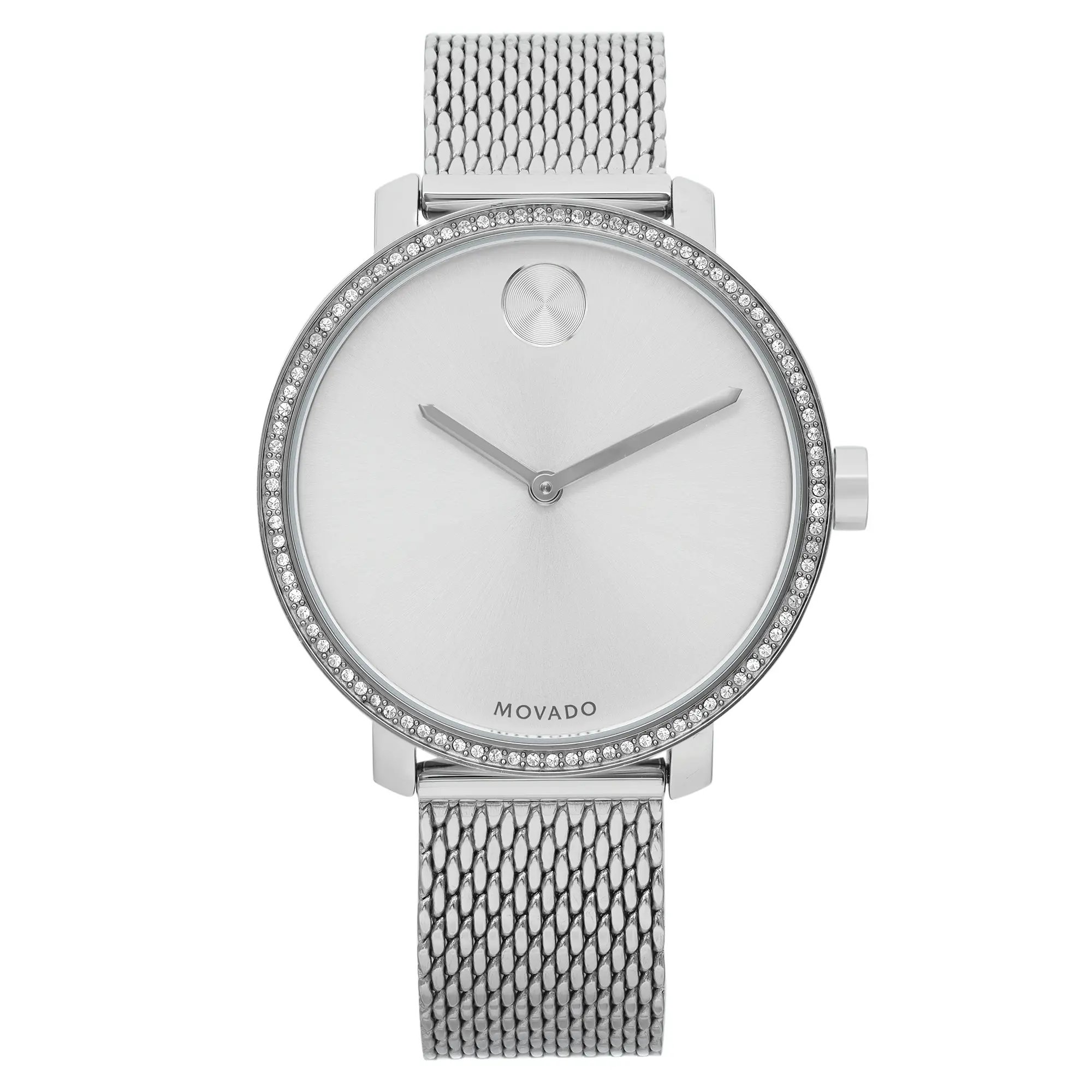 An image of a pre-owned wristwatch viewed from the front at a full frontal angle. The watch features a minimalist design with a silver mesh band and a round face, bordered by a rim of small crystals. The watch hands are sleek and simple, set against a clean, uncluttered dial. The image is taken from a close distance, highlighting the details and craftsmanship of the timepiece.