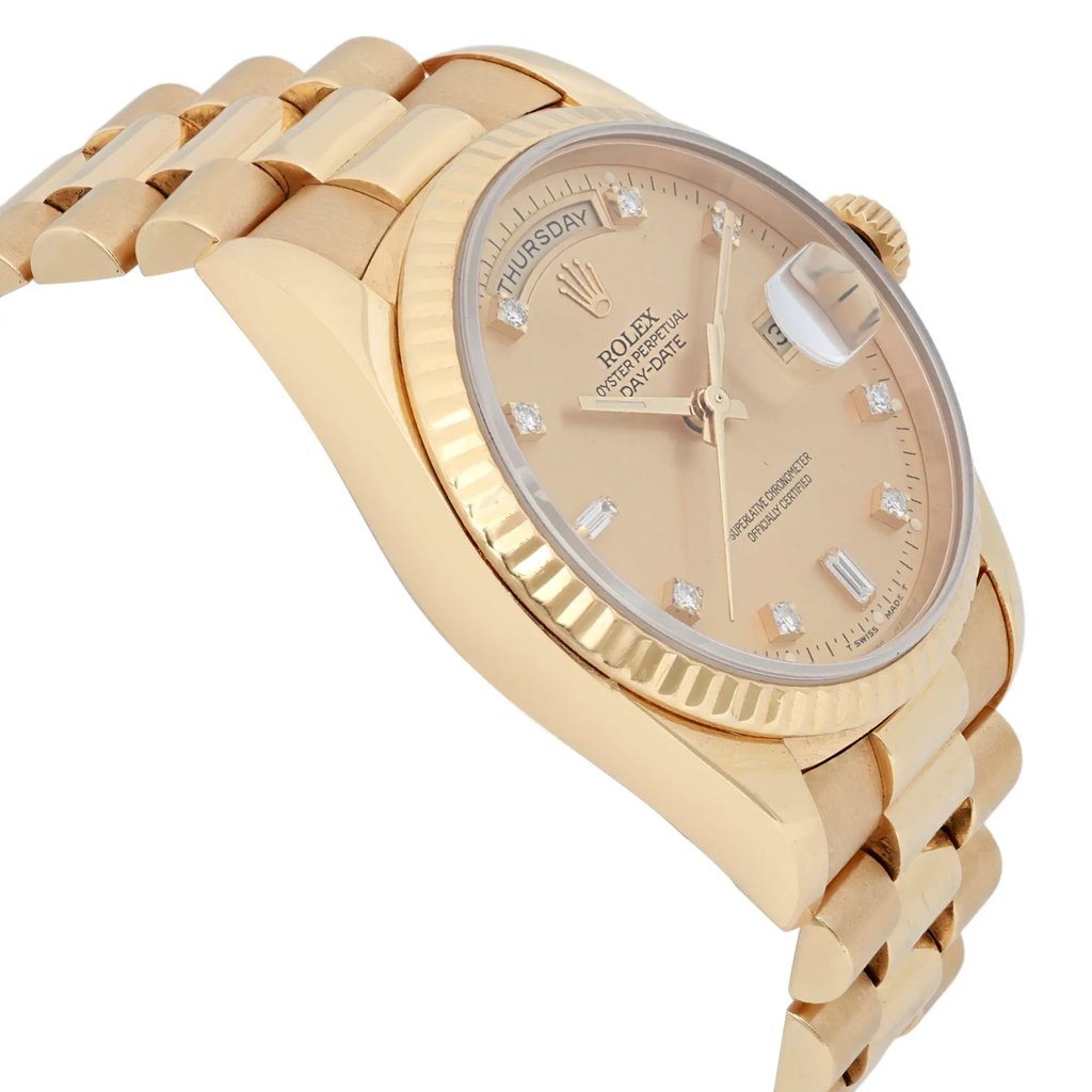 View Of Opposite Crown Facing Side Of Rolex 18238 Yellow Gold Watch Pre Owned Condition