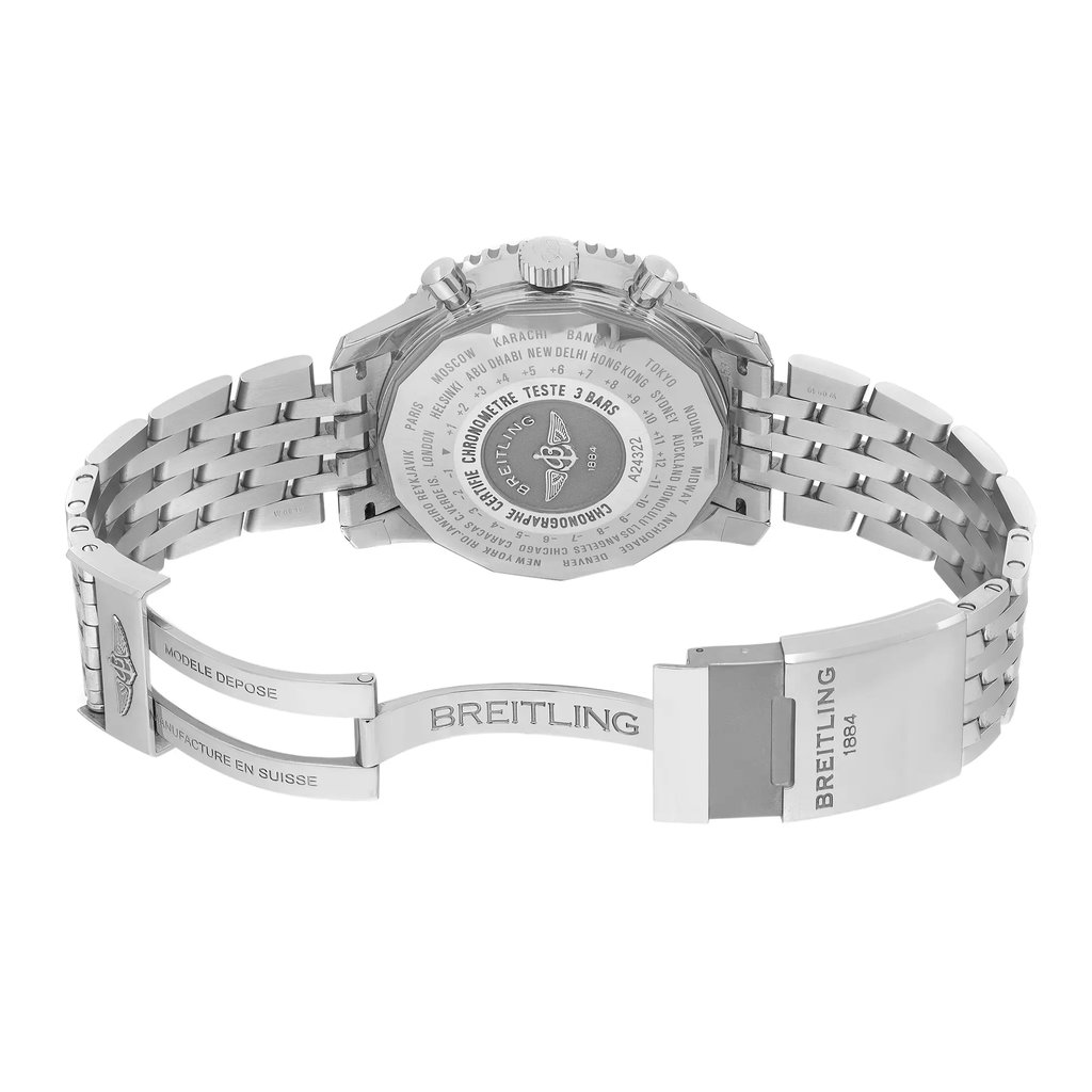 Back View Of Solid Back Case And Open Stainless Steel Band Of Breitling A24322121C2A1 Watch Display Model Condition