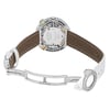An image of a pre-owned Bvlgari women's wristwatch taken from a slightly elevated rear angle, showcasing the back of the watch case and the open clasp. The focus is on the intricate details of the watch's back, including visible colored accents around the case. The white leather strap is partially visible, with the clasp positioned in the foreground, highlighting its metallic finish. The image captures the watch from a close distance, emphasizing the craftsmanship and design elements.