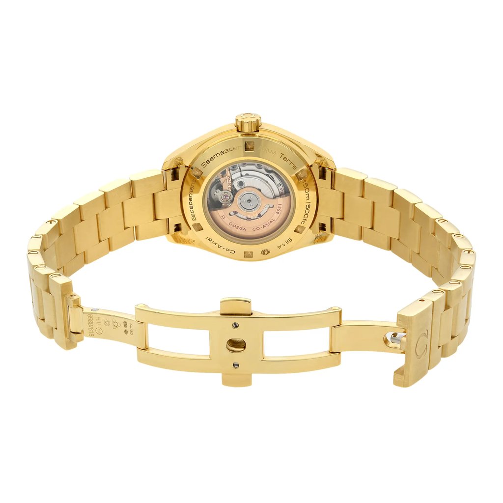 Back View Of {Caseback} Back Case And Open Gold Band Of OMEGA 231.55.34.20.55.001 Watch Display Model Condition