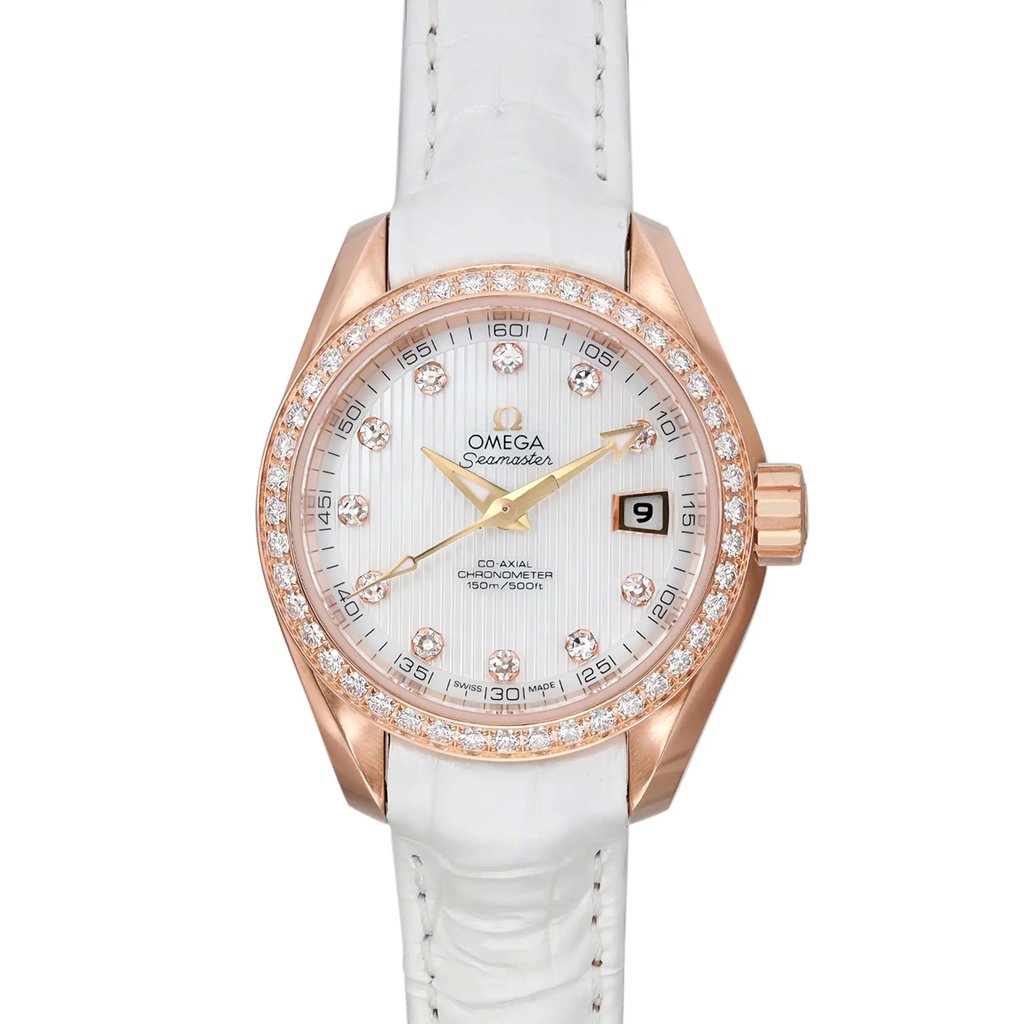 Up Close Front Facing Picture Of OMEGA 231.58.30.20.55.001 Rose Gold Watch Unworn Condition