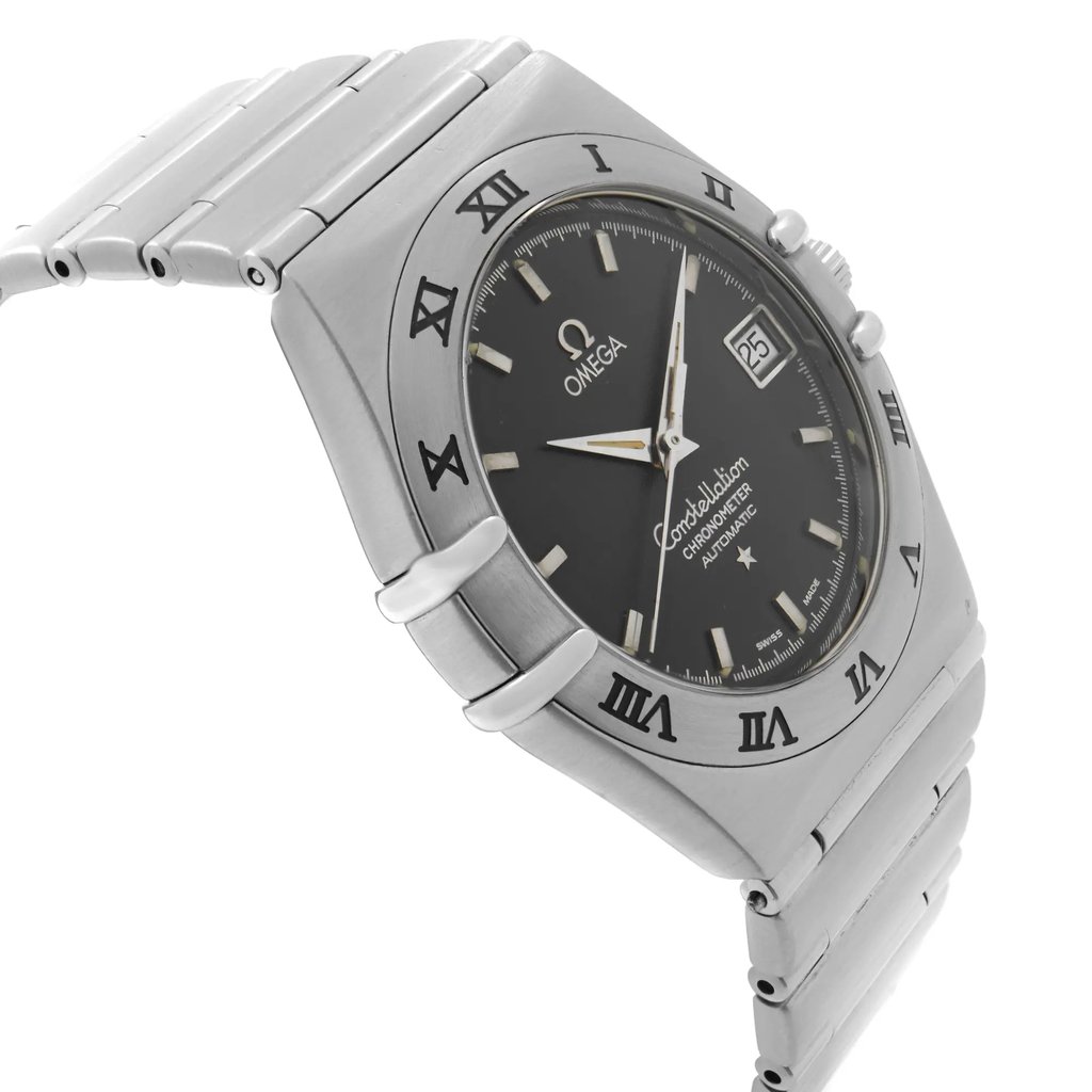 An image of a Wristwatch by OMEGA. This Pre Owned item is designed for Men, featuring a Dress/Formal style. It has a Mechanical (Automatic) movement and an Analog display with a Gray dial color. The indices include 12-Hour Dial,Non-Numeric Hour Marks,Seconds Hand. The band is made of Stainless Steel and the case is made of Stainless Steel. The watch has a Round shape with a case size of 35 mm and a case thickness of 10 mm.