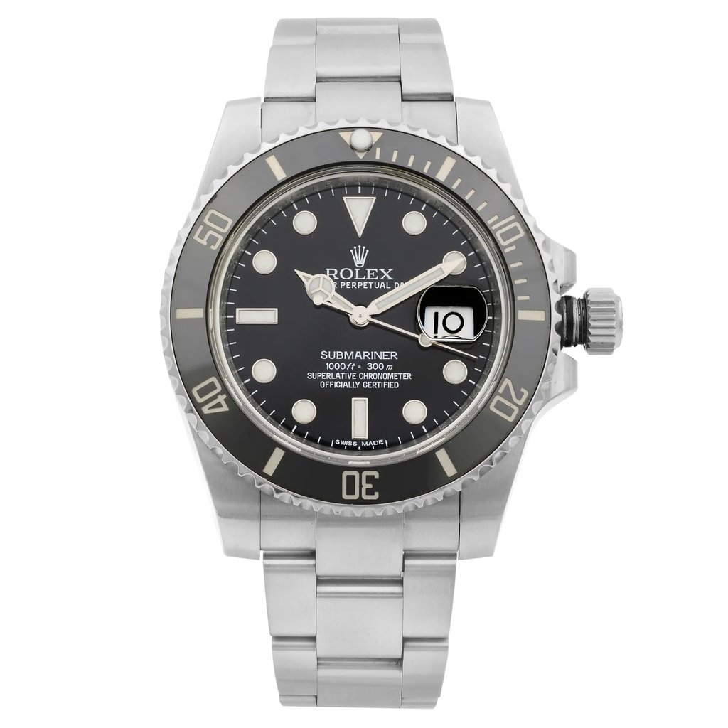 An image of a pre-owned wristwatch taken from a front full-frontal view. The watch features a metallic bracelet and a black dial with prominent hour markers and hands. The bezel is marked with minute indicators, and there is a date magnifier at the 3 o'clock position. The image is captured close-up, clearly showcasing the watch's details.