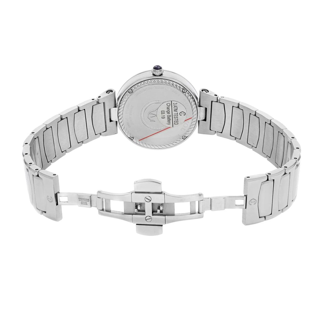 An image of a wristwatch taken from the back view, showcasing the open clasp. The watch is positioned horizontally with the bracelet extended. The angle highlights the stainless steel links and the back of the watch case, featuring inscriptions. The image is taken at a close distance, emphasizing the details of the display model wristwatch.