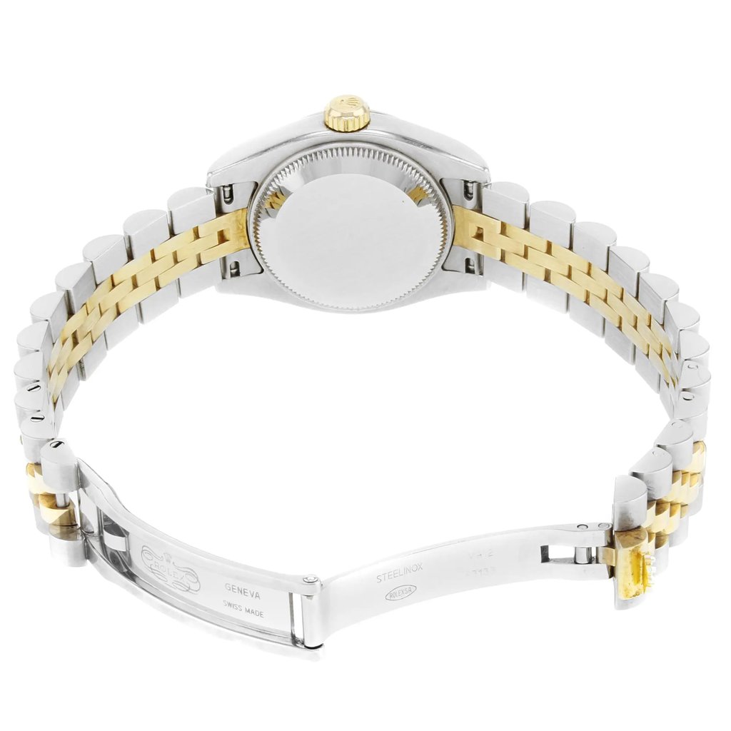Back View Of {Caseback} Back Case And Open Stainless and Solid Gold Band Of Rolex 179173 Watch Pre Owned Condition