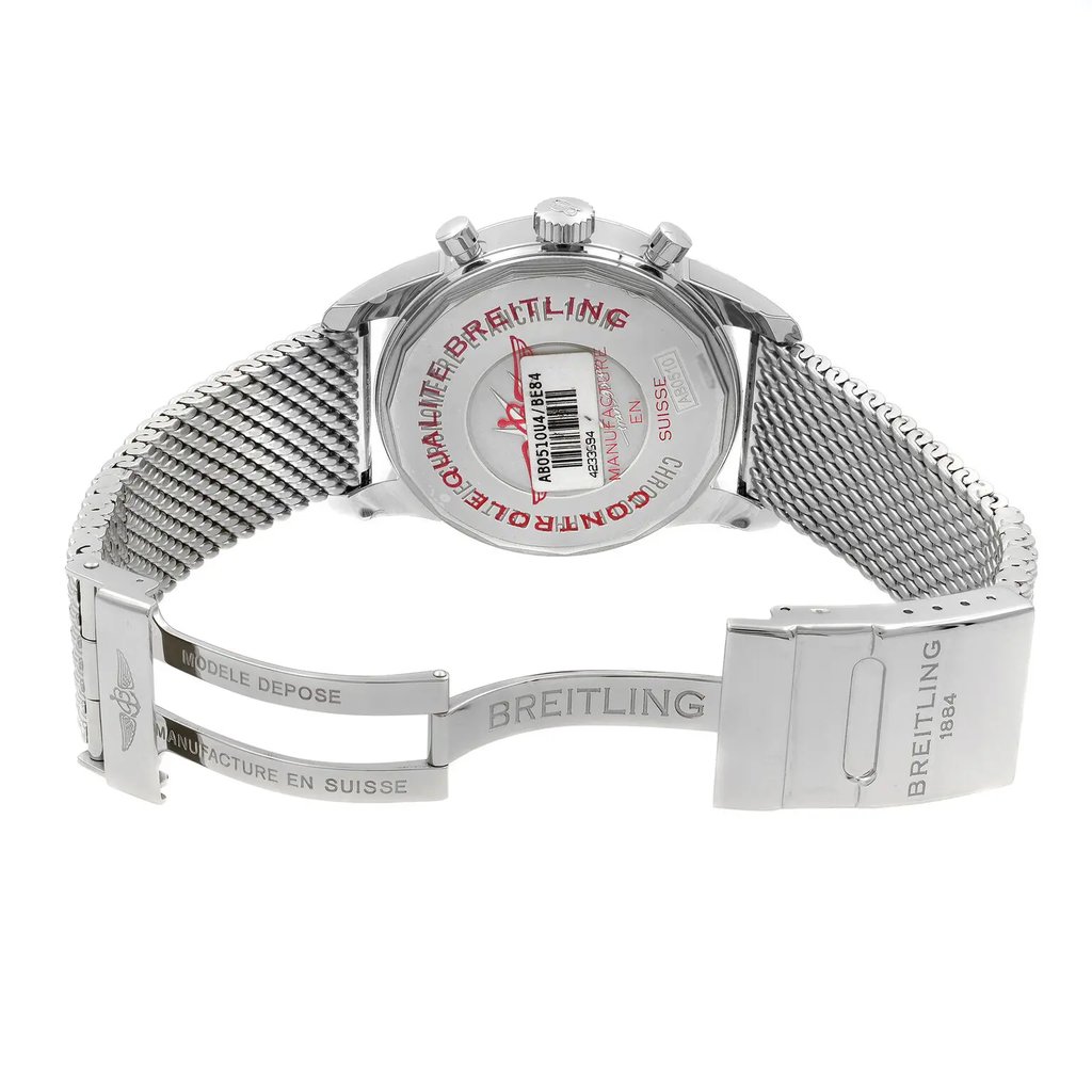 Back View Of Screwback Back Case And Open Stainless Steel Band Of Breitling AB0510U4/BE84 Watch Display Model Condition