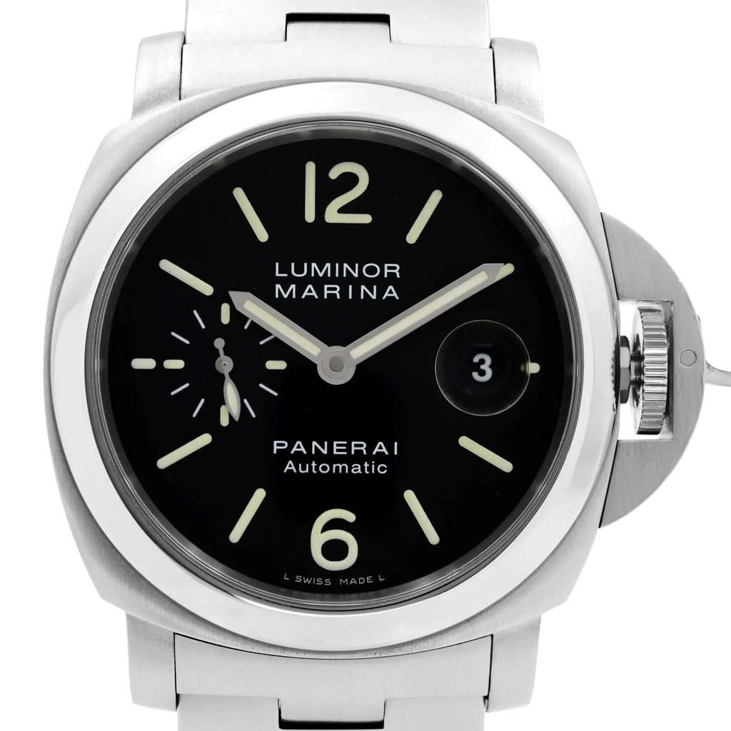 An image of a pre-owned Officine Panerai men's wristwatch in excellent condition, presented in a front close-up view highlighting the watch face. The watch has a distinctive cushion shape with a black dial, luminous hands, and a date indicator at the 3 o'clock position. Arabic numerals at 12 and 6 o'clock, along with non-numeric hour marks, are visible. Additional features include a small seconds subdial near the 9 o'clock position. The band and case are made of stainless steel, and the overall style is dress/formal luxury. The "Luminor Marina" and "Panerai Automatic" text is also visible on the dial, which is captured in high resolution, showing the texture and quality of the materials.
