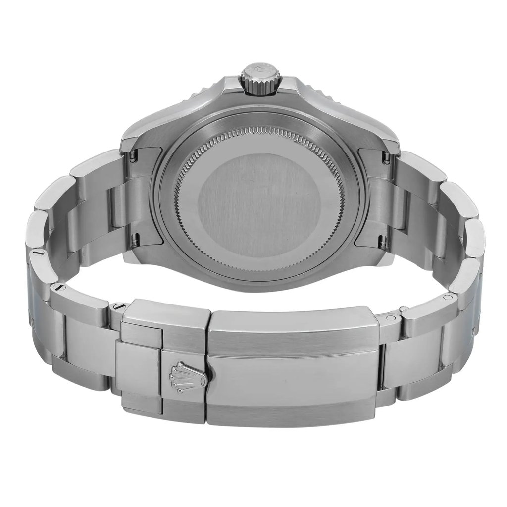An image of a pre-owned wristwatch showcasing the back view with a focus on the closed clasp. The watch is positioned upright, highlighting the metallic bracelet and the smooth, round back of the watch case. The angle provides a clear, close-up perspective of the clasp and the intricate details of the watch's construction.