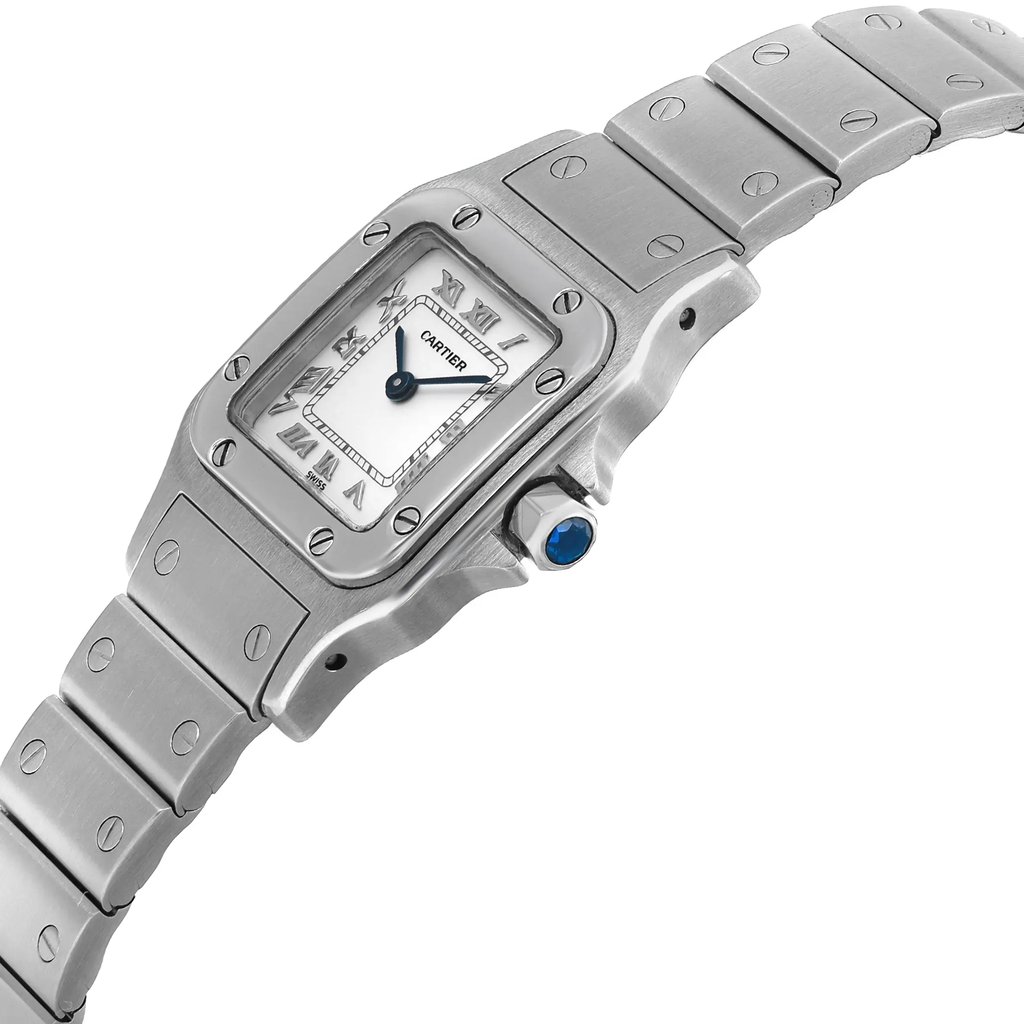 An image of a pre-owned Cartier wristwatch for women in a luxury style, captured from a side profile angle with the crown visible. The watch has a square shape with a white dial, gray bezel, and is constructed from stainless steel for both the band and case. The photo is taken from a close distance, emphasizing the watch's side with clear visibility of the texture and details on the band and case.