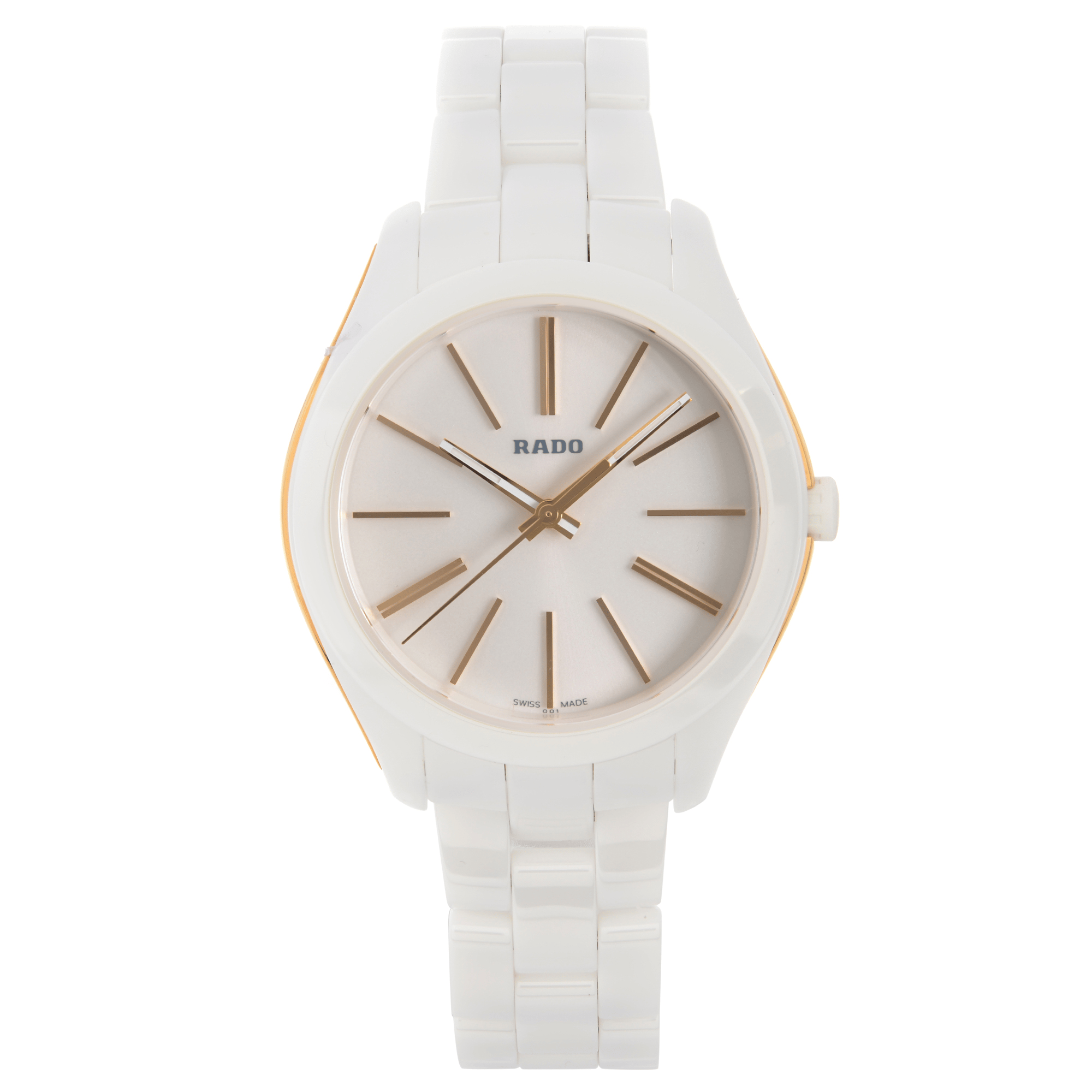 An image of a Wristwatch by Rado. This Display Model item is designed for Women, featuring a Casual,Dress/Formal style. It has a Quartz movement and an Analog display with a Silver dial color. The indices include 12-Hour Dial,Non-Numeric Hour Marks,Stick Indexes. The band is made of Ceramic and the case is made of Ceramic,Stainless Steel. The watch has a Round shape with a case size of 36 mm and a case thickness of 11 mm.