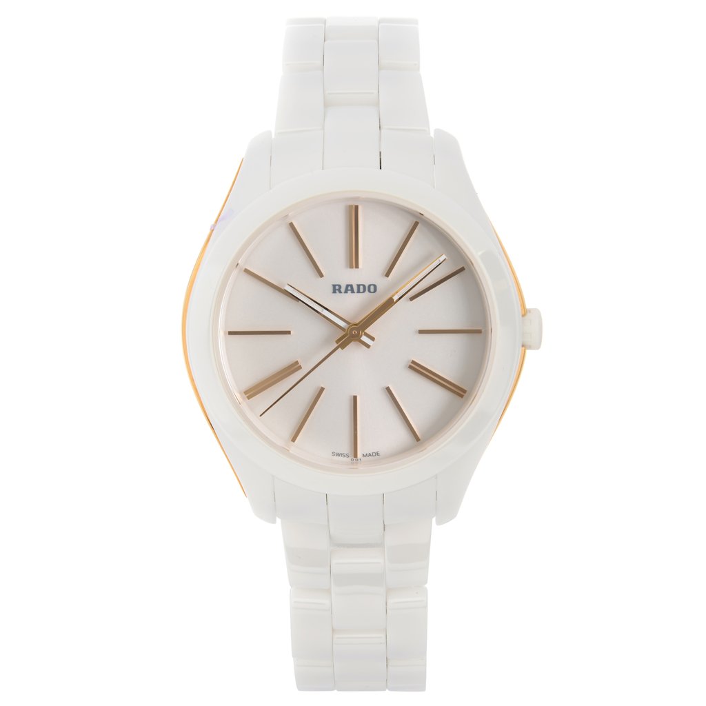 An image of a Wristwatch by Rado. This Display Model item is designed for Women, featuring a Casual,Dress/Formal style. It has a Quartz movement and an Analog display with a Silver dial color. The indices include 12-Hour Dial,Non-Numeric Hour Marks,Stick Indexes. The band is made of Ceramic and the case is made of Ceramic,Stainless Steel. The watch has a Round shape with a case size of 36 mm and a case thickness of 11 mm.