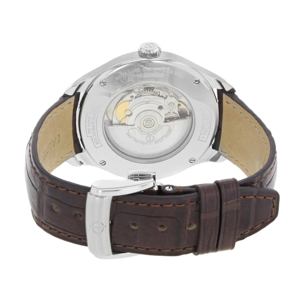 Back View Of {Caseback} Back Case And Closed Leather Band Of Baume & Mercier MOA10054 Watch Pre Owned Condition