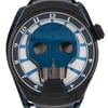 An image of a pre-owned HYT Skull AXL Guns N Roses 51mm Titanium PVD men's wristwatch taken from a front-facing angle at a close distance. The watch features a prominent skull design on the BLUE dial, with blue accents and hour markers around the edge. The strap is black with blue stitching, and the crown is positioned on the right side.